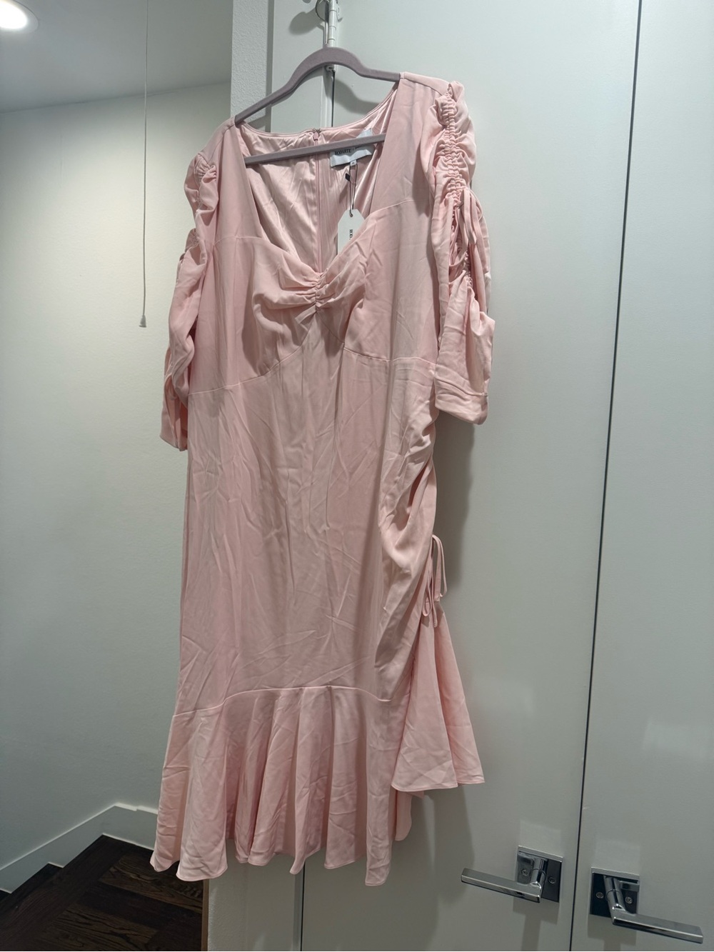 Universal Standard x Rodarte Blush Pink Ruched-Sleeve Asymmetrical Midi Dress